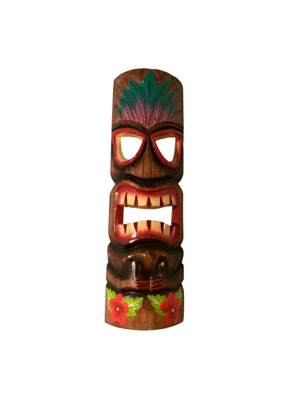 Handcrafted Wooden Tiki Mask Wall Decor With Floral Accent